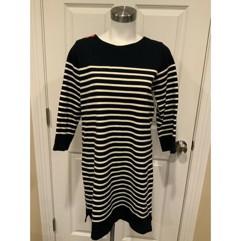 Allihop Navy Blue & White Striped Dress W/ 3/4 Length Sleeves, Size Small